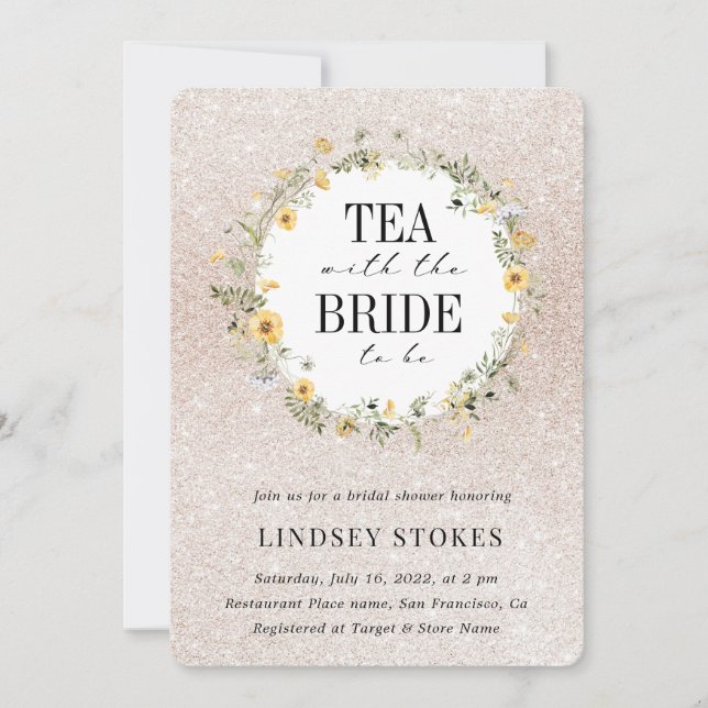 Tea Party Yellow Wildflowers Glitter Bridal Shower Invitation (Front)