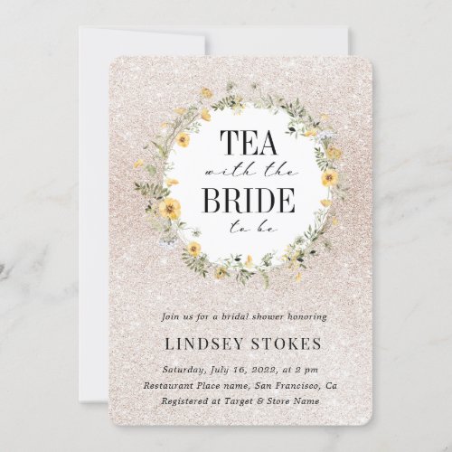 Tea Party Yellow Wildflowers Glitter Bridal Shower Invitation