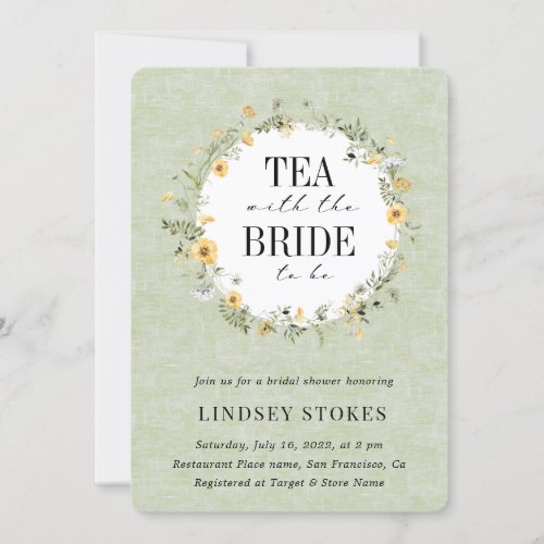 Tea Party Yellow Wildflowers Sage Bridal Shower Invitation