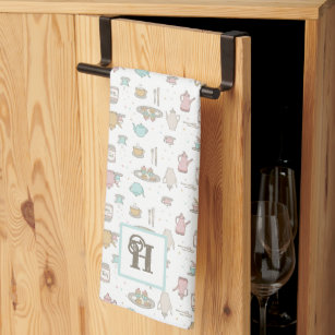 Tea Pattern with Monogram Kitchen Towel