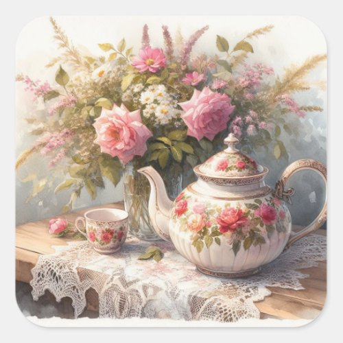 Tea Pot and Cup with Pink Flowers Sticker