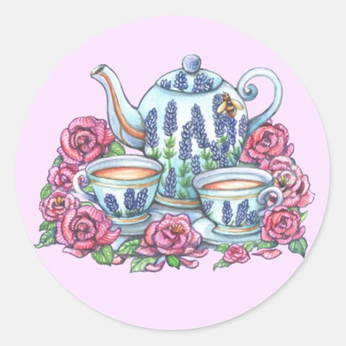 Tea Pot and Roses Classic Round Sticker