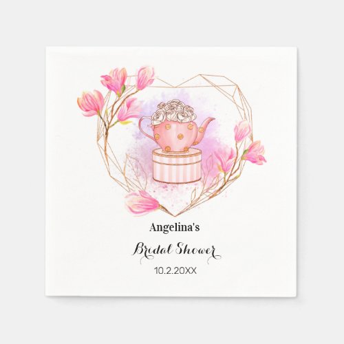 Tea Pot Bridal Shower Pink Rose Gold Floral Napkins