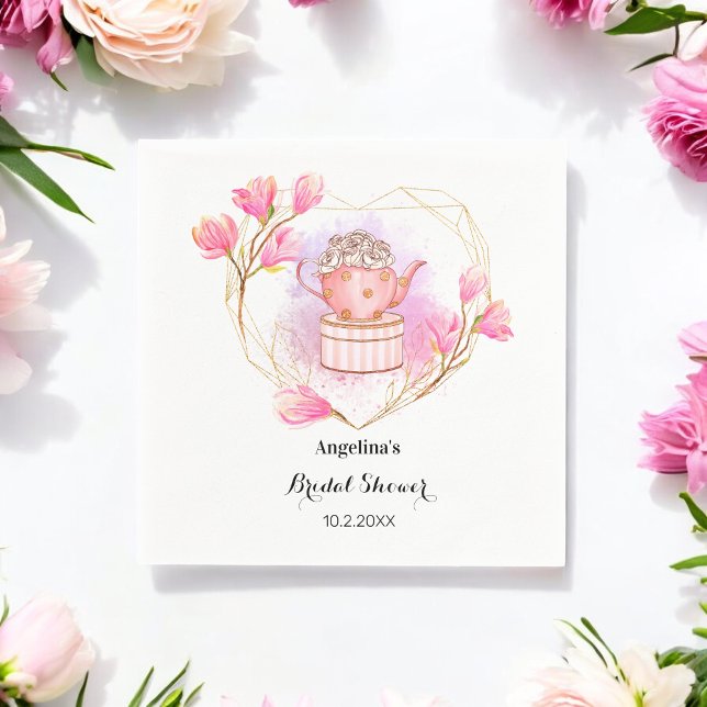 Tea Pot Bridal Shower Pink Rose Gold Floral Napkins (Creator Uploaded)