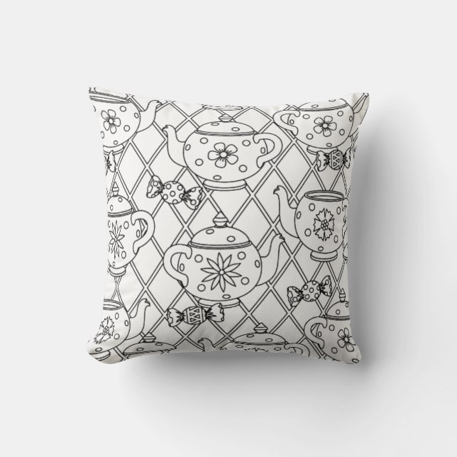 Tea Pot Doodle Throw Pillow (Front)