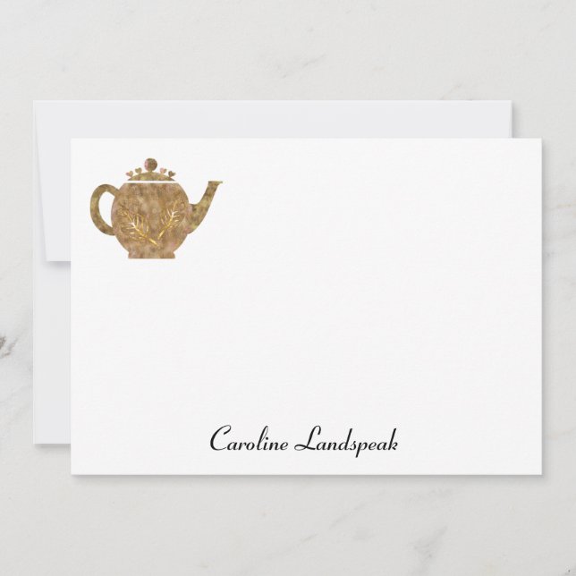 Tea Pot & Gold Chestnut Leaves  Note Card (Front)