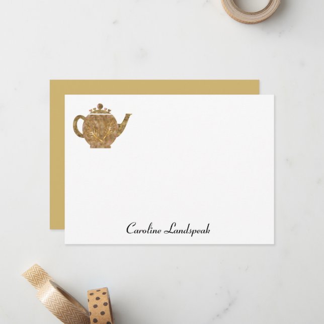 Tea Pot & Gold Chestnut Leaves  Note Card (Front/Back In Situ)