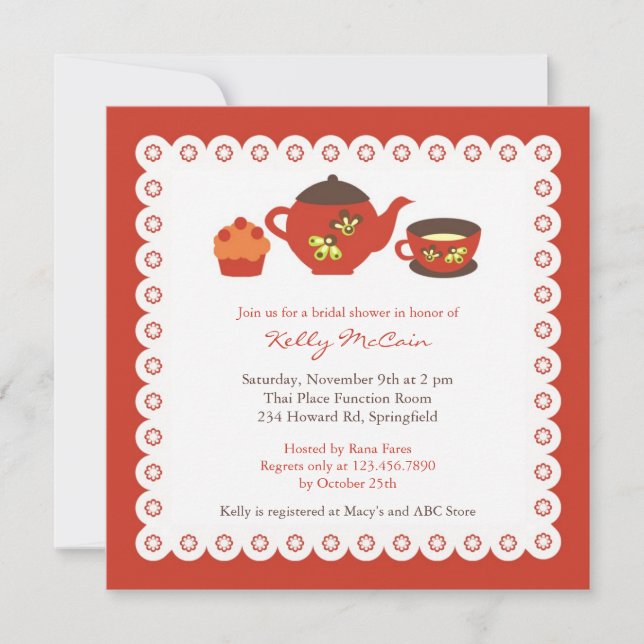 Tea Pot Party Bridal Shower Flat Invitation (Front)