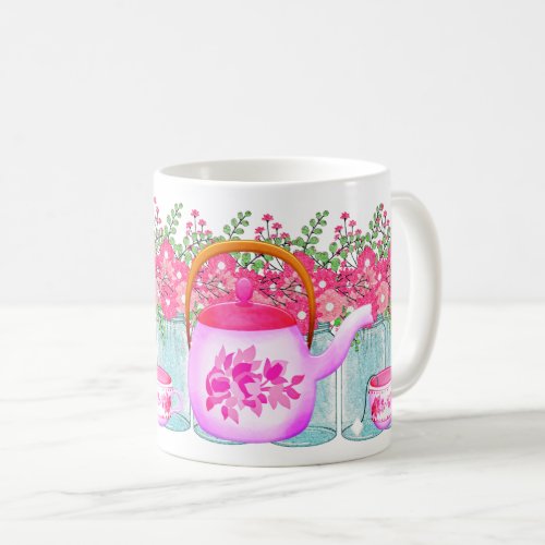 Tea Pot Pink Flower Hot Drinks Coffee Mug