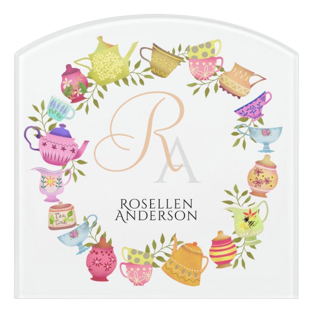  Tea Pots and Cups Monogram Door Sign (Contour Front)