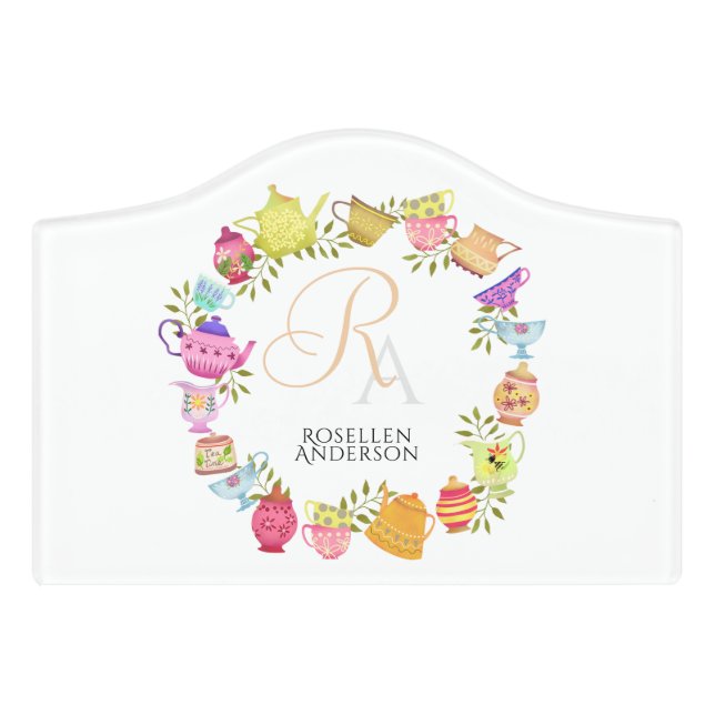  Tea Pots and Cups Monogram Door Sign (Small Crest Front)