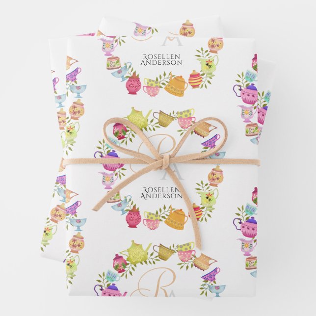  Tea Pots and Cups Monogram Wrapping Paper Sheets (In situ)