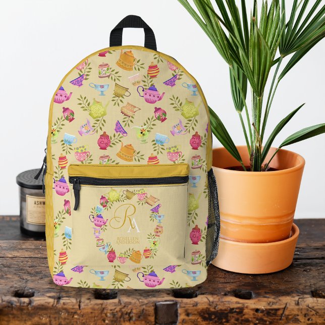 Tea Pots and Cups Monogram Yellow Printed Backpack (Creator Uploaded)