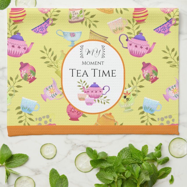 Tea Pots and Cups Yellow Kitchen Towel (Folded)