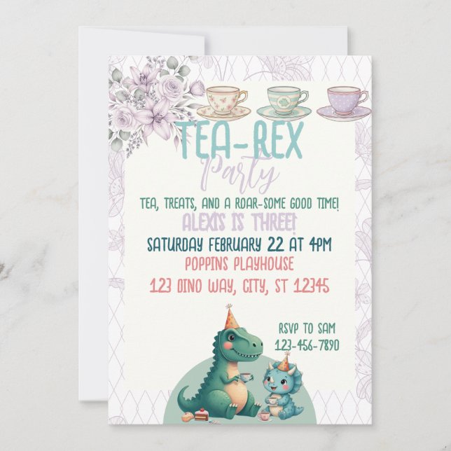 Tea-Rex Dinosaur Birthday Tea Party Invitation (Front)