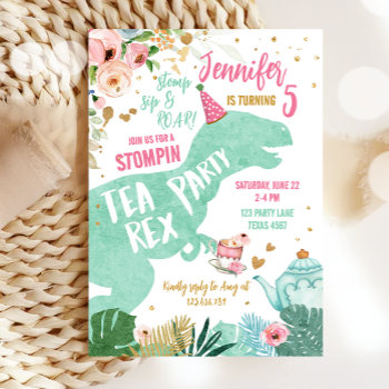 Tea Rex Dinosaur Par-tea Pink Mint Gold Birthday Invitation by Anietillustration at Zazzle