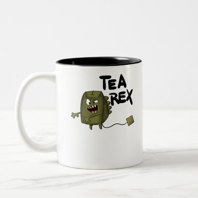 tea rex, funny dinosaur Two-Tone coffee mug (Left)