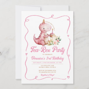 Tea-Rex Party Dinosaur 3rd Birthday Pink Bow Invitation