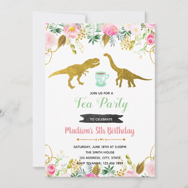 Tea rex party girl invitation (Front)