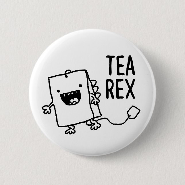 Tea Rex Tea Bag Funny Pun Cartoon Pinback Button (Front)