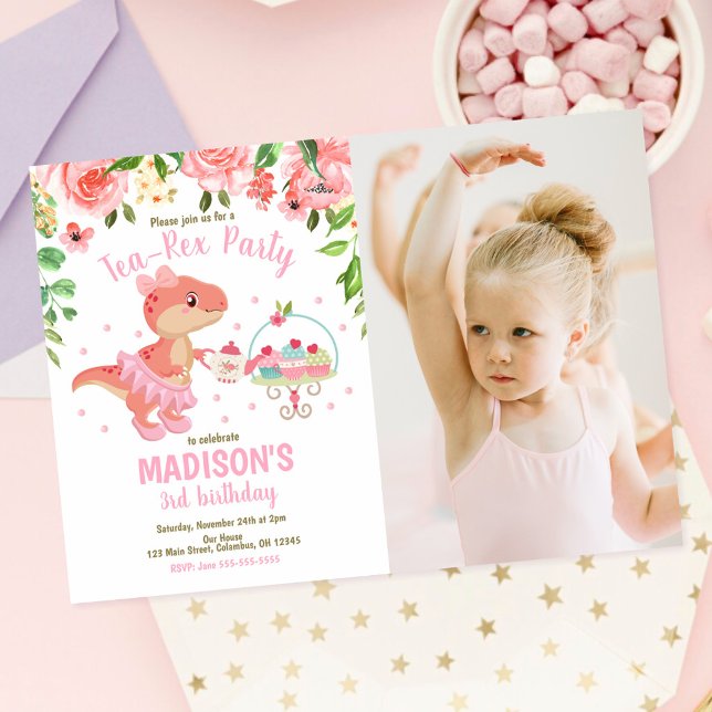 Tea-Rex Tutu Party Dinosaur 3rd Birthday Photo Invitation (Creator Uploaded)
