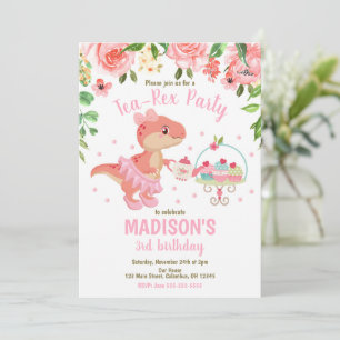 Tea-Rex Tutu Party Dinosaur Girl Pink 3rd Birthday Invitation