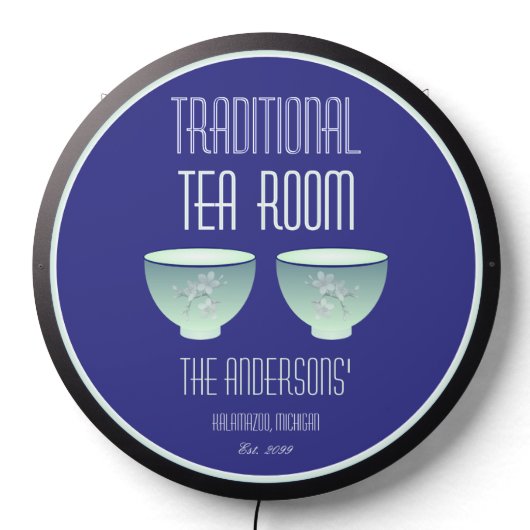 Tea Room Sign Elegant Hand Drawn Flowered Teacups (Lights Off)