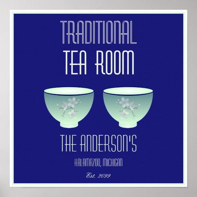 Tea Room Sign Elegant Hand Drawn Flowered Teacups (Front)