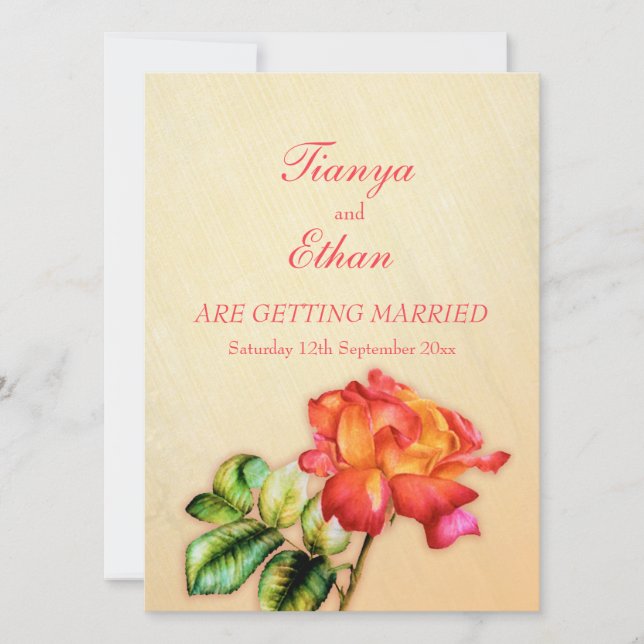 Tea rose orange red fine art wedding invitation (Front)