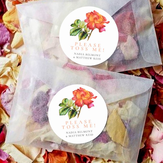 Tea rose pink orange floral wedding confetti toss  classic round sticker (Creator Uploaded)