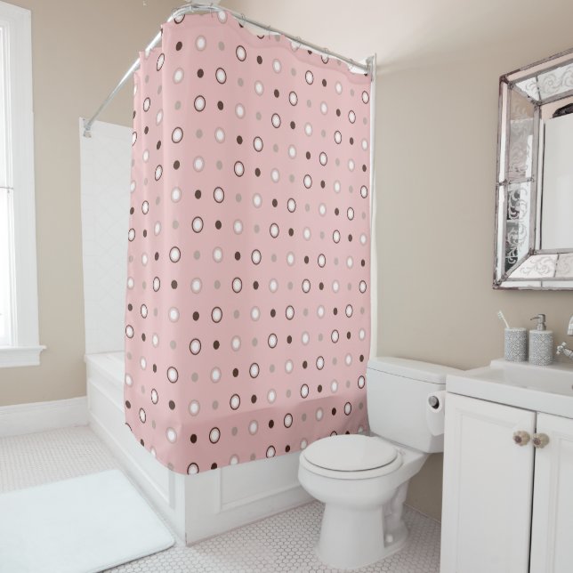 tea rose (red), brown and white dots shower curtain (In Situ)