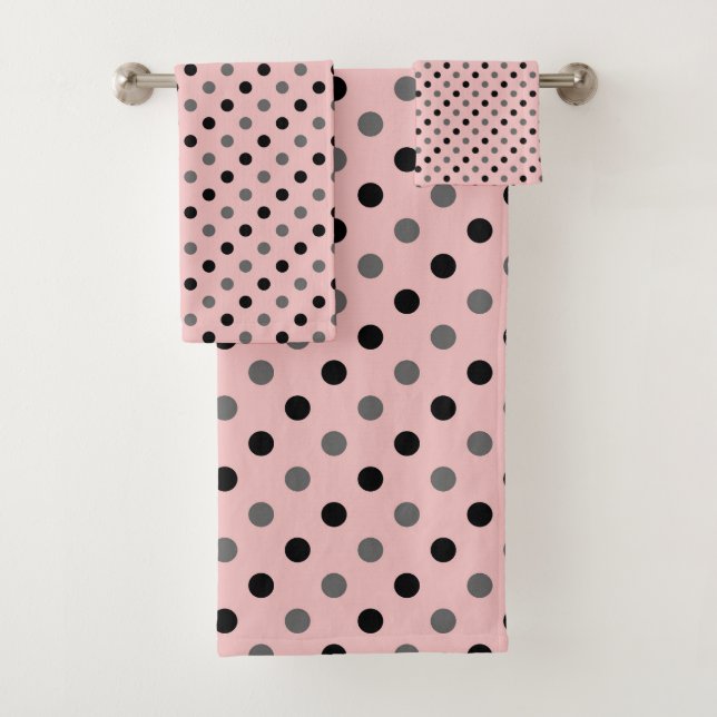 tea rose (red), gray and white dots bath towel set (Insitu)