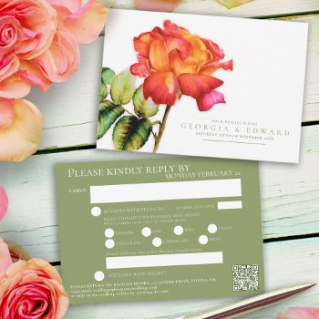 Tea Rose Watercolor Wedding Qr Code Meals Green Rsvp Card by mylittleedenweddings at Zazzle
