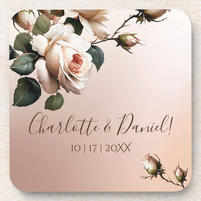 Tea Rose Wedding Beverage Coaster (Front)