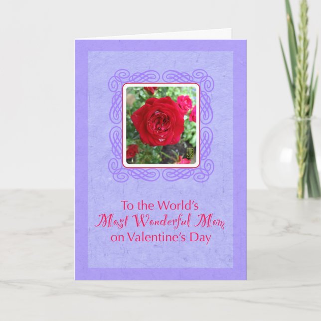Tea Roses on Lavender Wonderful Mom Valentine Card (Front)