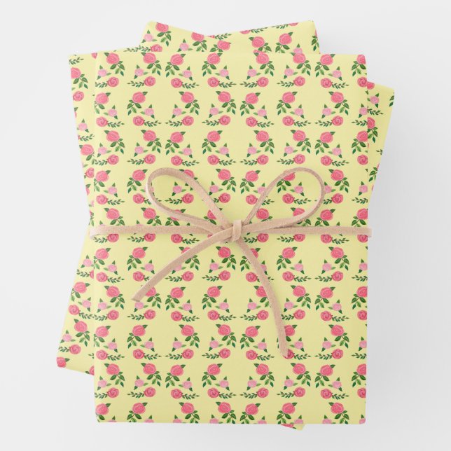 Tea Roses Pattern Cute Floral Feminine Sweet  Wrapping Paper Sheets (In situ)