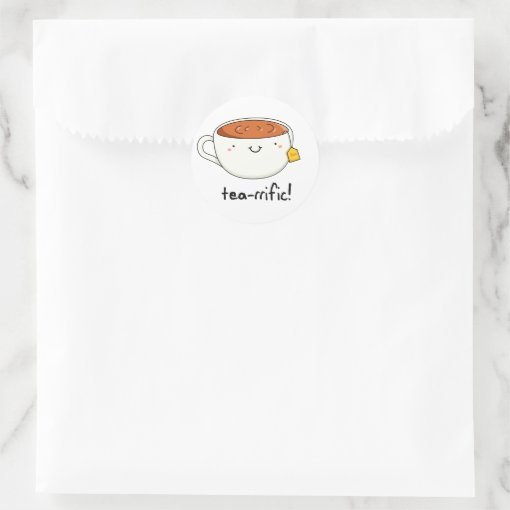 Tea-rrific Funny Cup Of Tea Pun Classic Round Sticker | Zazzle