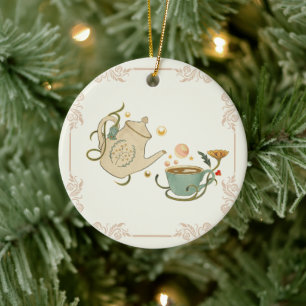 Tea Scene, Golden Bubbles and Yellow Flower Ceramic Ornament
