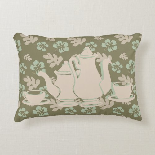 Tea Set and Hibiscus Floral Accent Pillow