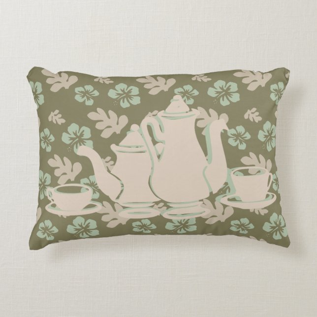 Tea Set and Hibiscus Floral Accent Pillow (Front)