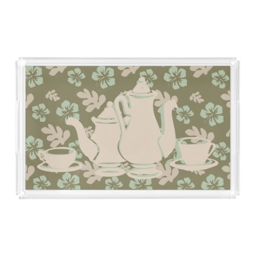 Tea Set and Hibiscus Floral Taupe Green and Beige Acrylic Tray