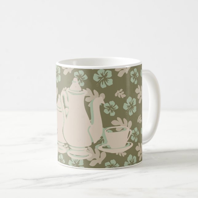 Tea Set and Hibiscus Taupe Floral Coffee Mug (Front Right)