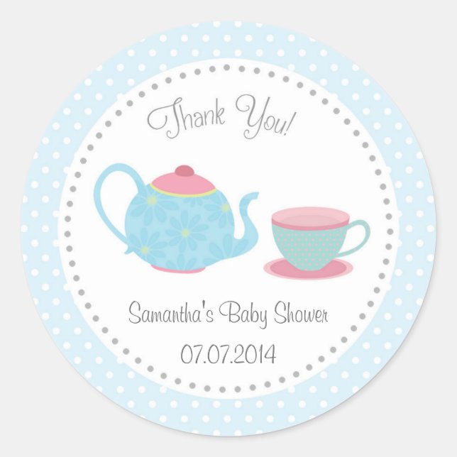 Tea Set Baby Shower Sticker Pink Blue Polka Dot (Front)