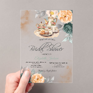 Tea Set Green Roses Bridal Shower Acrylic Invitations