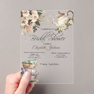 Tea Set Lights Roses Bridal Shower Acrylic Invitations