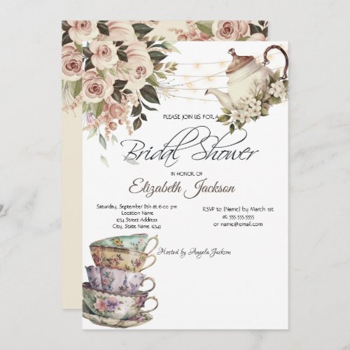 Tea Set Lights Roses Bridal Shower  Invitation