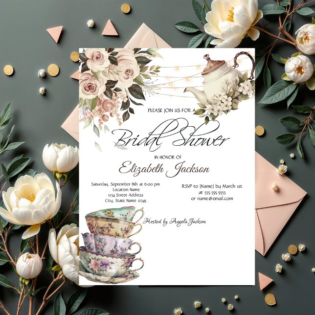 Tea Set Lights Roses Bridal Shower  Invitation (Creator Uploaded)