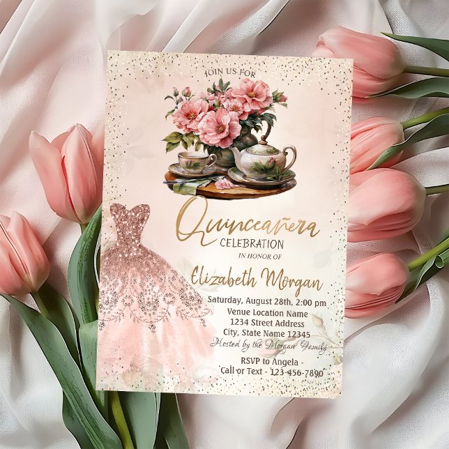 Tea Set Rose Gold Dress Confetti  Quinceañera Invitation (Creator Uploaded)
