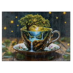 Tea set surreal waterfall kitchen decor art cutting board