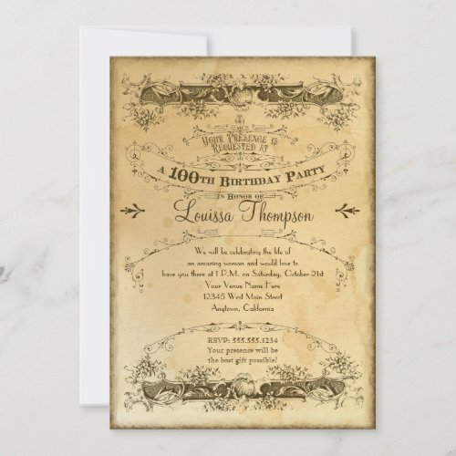 Tea Stained Vintage 100th Birthday Celebration Invitation